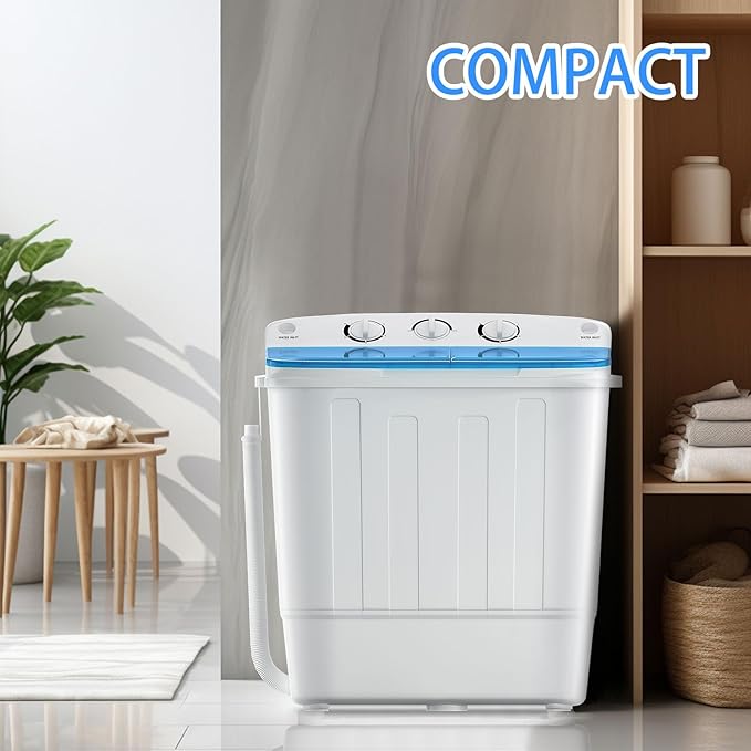 Portable Mini Twin Tub 18lbs Washing Machine With Drying Rack& 10 Hangers, 11lbs Washer & 7lbs Spinner, Small Laundry Washer with Time Control for Camping, Apartments, RV (18lbsBlue)