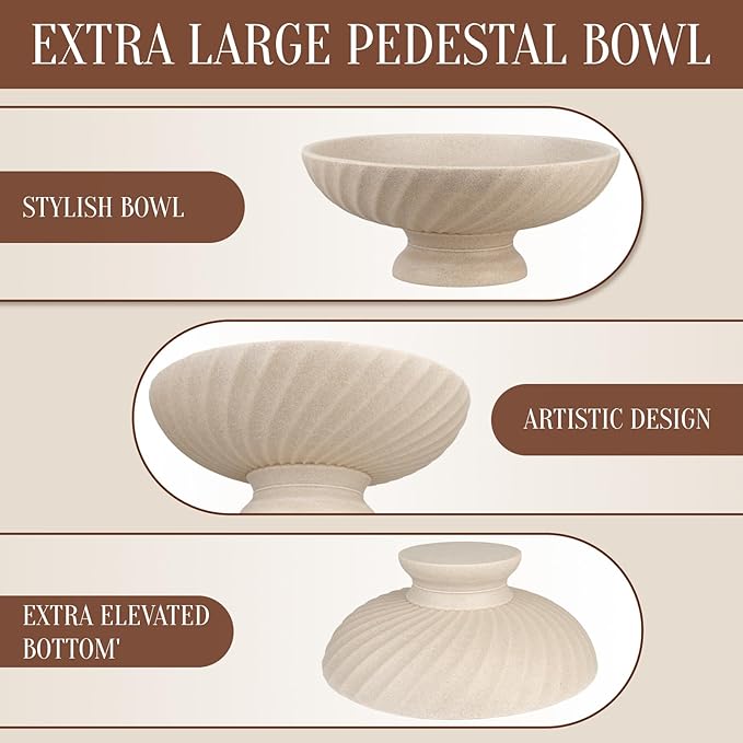 Large Resin Pedestal Decorative Bowl - Modern Fruit Bowl for Kitchen Counter - Handicraft Bowls for Home Decor - Key Bowl for Entry Table,Artificial Stone Beige