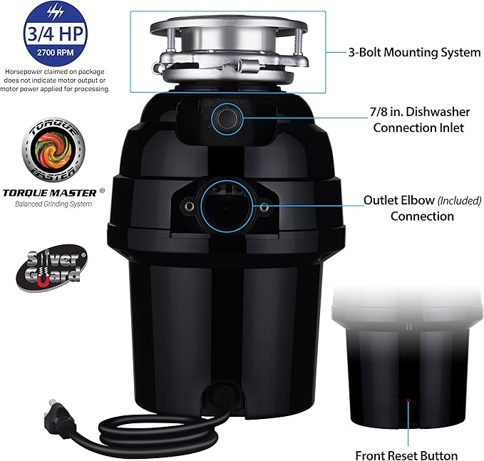 Waste Maid 10-US-WM-458-3B Garbage Disposal Anti-Jam Stainless Steel Food Waste Grinding System, 3/4 HP Deluxe, Black