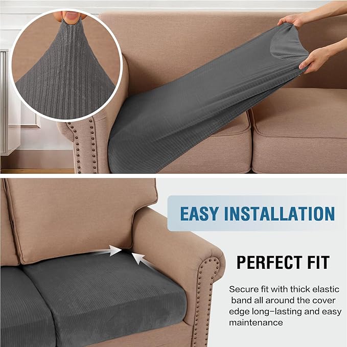 H.VERSAILTEX Velvet Stretch Couch Cushion Cover Plush Cushion Slipcover for Chair Cushion Furniture Protector Seat Cushion Sofa Cover (1 Piece Armchair Cushion Covers, Grey Striped)