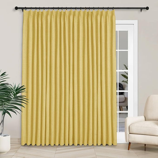 Macochico Extra Wide Full Blackout Linen Curtains for Sliding Door Yellow Pinch Pleated Linen Curtains 96 Inches Long for Bedroom Living Room Farmhouse with Tieback 120”Wx96”L 1 Panel