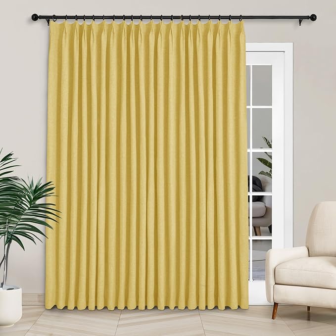Macochico 120”Wx102”L 100% Blackout Linen Curtains Pinch Pleated Thermal Panels for Sliding Door Bedroom Living Room Farmhouse Shabby Chic Yellow Burlap Curtains with Tieback 1 Panel