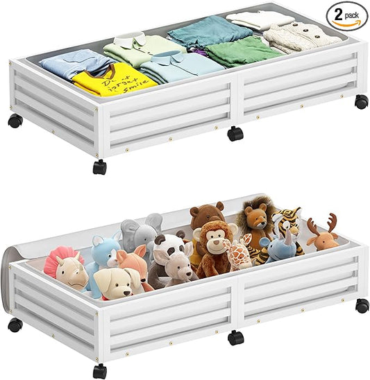 Bamboo Under Bed Storage Containers- Underbed Organizer with Wheels with Large Dust Bag,Sturdy Wood Rolling Under the Bed Shoe Storage Organizer Drawer 2 Packs (White, Long)