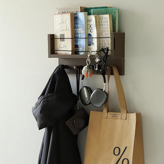 Entrance Coat Rack ，Coat Hooks, Wall-Mounted Wooden Hook Rack, Wall-Mounted Shelves are Very Suitable (Walnut Colored Finish-A)