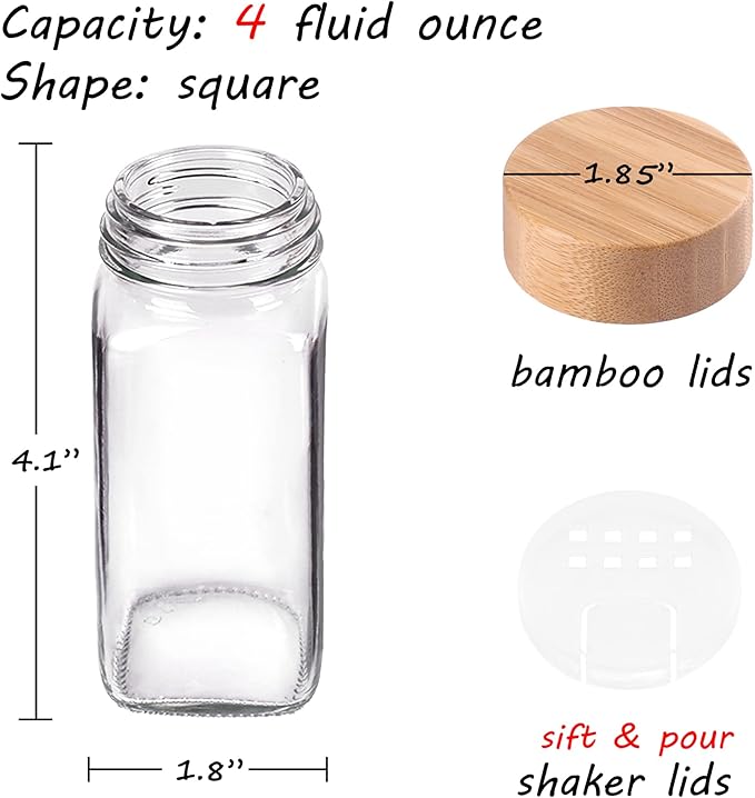 Churboro 24 Spice Jars with Labels & Bamboo Lids - 4 Oz Glass Containers with Shaker Lids, 547 Spice Labels of 3 Different Types Seasoning Jars for Spice Rack, Cabinet, or Drawer