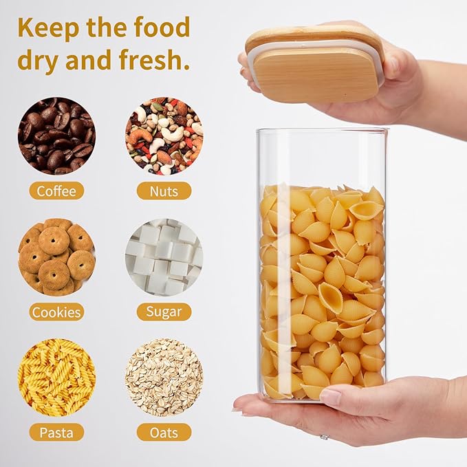Square Glass Food Storage Jars with Lids[Set of 5], Perfect for Pasta, Cookies, Nuts, Coffee, Cereal, Flour,Organize Your Kitchen and Pantry with these BPA-Free Glass Jars with Canisters