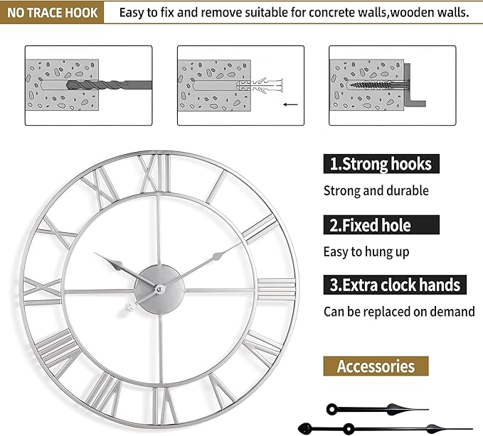 Large Wall Clock - 80cm/ 32 Inches, Silver, Non-Ticking, Battery Operated, Vintage Modern Wall Clock for Living Room, Bedroom, Office, Farmhouse Decor