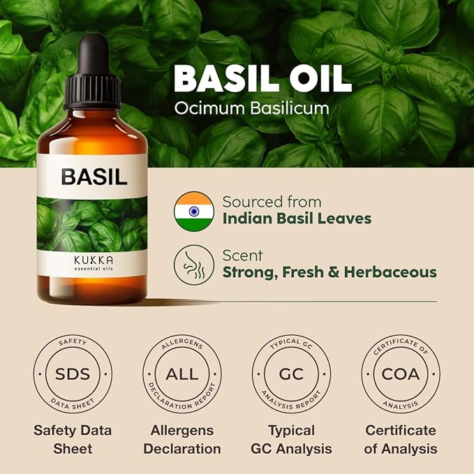 Kukka Basil Essential Oil for Diffusers - 4 Fl Oz - 100% Pure Natural Basil Oil for Skin & Aromatherapy Scent Massage Candles & Soaps Making Scent