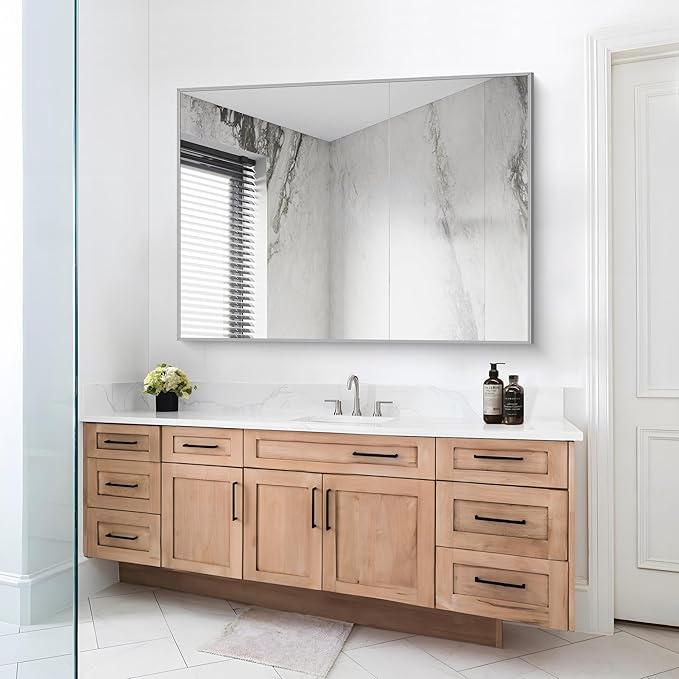 Silver Bathroom Mirror, 48"X36" Rectangle Mirrors for Wall Metal Frame, Bathroom Rectangular Mirror Modern Wall Mirror for Bedroom Living Room, Hangs Horizontal or Vertical