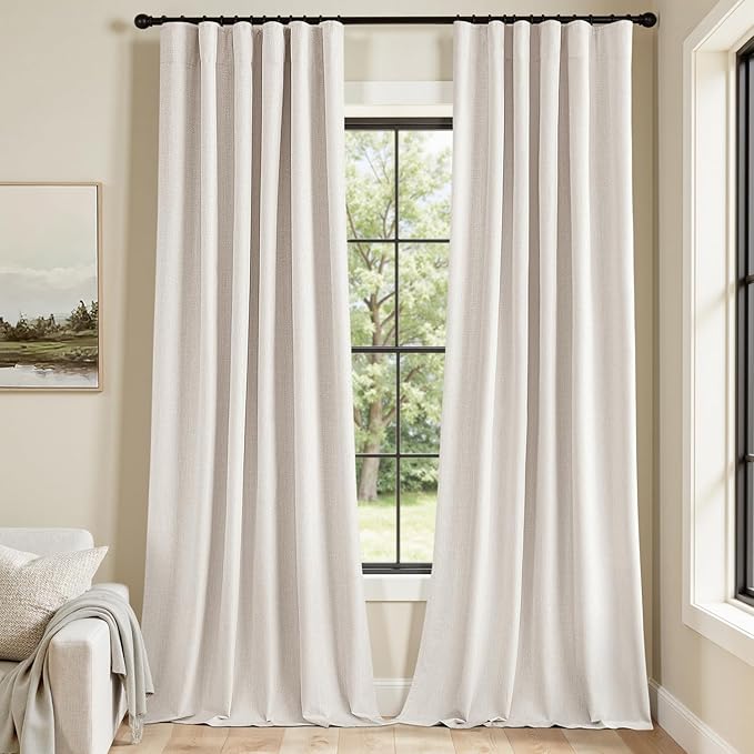 MIULEE 100% Blackout Curtains 84 Inch Long 2 Panels for Bedroom, Thick Luxury Faux Linen Black Out Curtain Room Darkening Back Tab Pleat Window Textured Drapes with Hooks for Living Room, Ivory