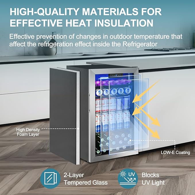 Beverage Refrigerator Cooler, 128 Cans Mini Fridge Glass Door for Drink Beer Soda Wine, 3.2 Cu.Ft Small Fridge for Kitchen Bedroom Office Bar, with 4 Adjustable Removable Shelves, Stainless Steel