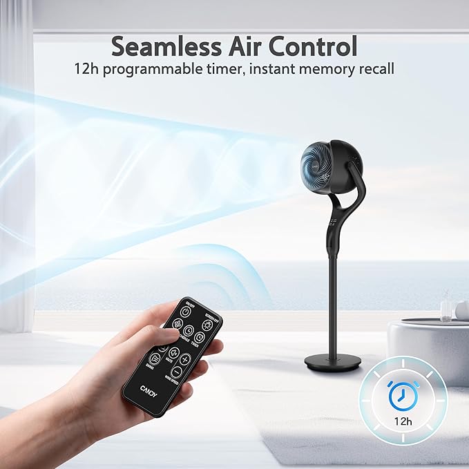 Standing Fan for Bedroom, 90° & 120° Oscillating Pedestal Fan, 3 Heights Adjustable Floor Fan with Brushless DC Motor, 12 Speeds, 3 Modes, Night Light, 12H Timer, Remote for Home, Dorm, Office