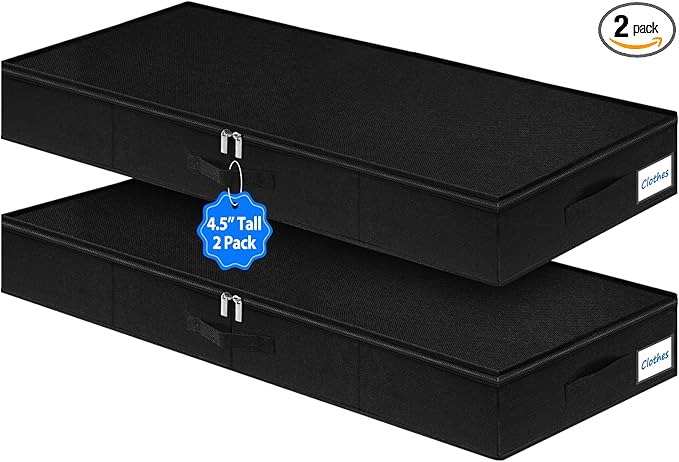 Under Bed Storage Containers, Low Profile Underbed Storage Bin 4.5 Inches Tall Clothes Storage Organizer With Rigid Side & Bottom, Shallow Thin Under Couch Dresser Storage Dorm With Lid - 2Pcs Black