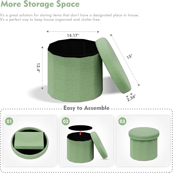 B FSOBEIIALEO Storage Ottoman Cube, Round Ottomans with Storage Foot Stool Footrest for Lving Room, Boucle Ottoman Seat for Dorm Room,Faux Teddy Fur, Green 15"x15"x15"
