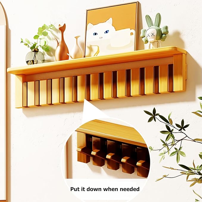 Wall Mounted Piano Key Hanger | Flip Style Hook | Entrance Wall Art Hook, Made of Oak Wood (3 Times Painted, 4 Times Polished) (Tray Beech, 12Hooks)