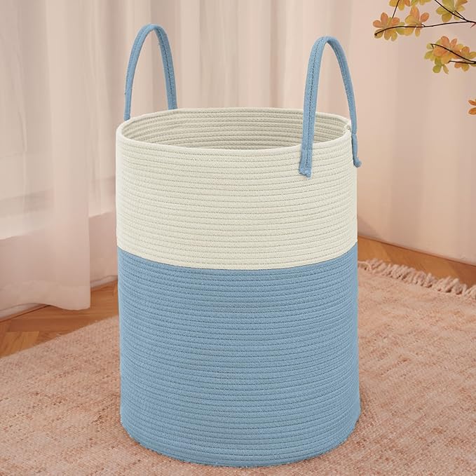 Large Woven Laundry Basket Hamper,100L Cotton Rope Storage Bin for Blankets,Toys and Clothes,Decorative Tall Nursery Hamper for Living Room,Baby Nursery,Bathroom and Bedroom,White and Blue