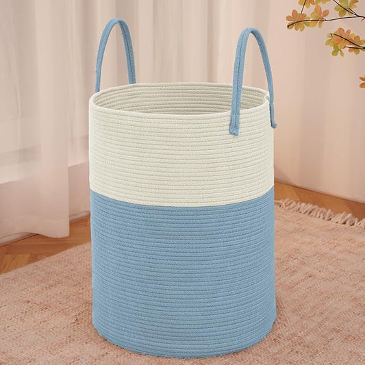 Large Woven Laundry Basket Hamper,80L Cotton Rope Storage Bin for Blankets,Toys and Clothes,Decorative Tall Nursery Hamper for Living Room,Baby Nursery,Bathroom and Bedroom,White and Blue
