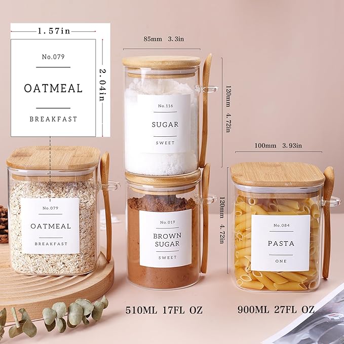6 Pack Glass Jars with Bamboo Lid and Spoons - 17Oz/27Oz Borosilicate Glass Jars with 132 Pantry Labels - for Coffee Beans, Tea, Sugar & More