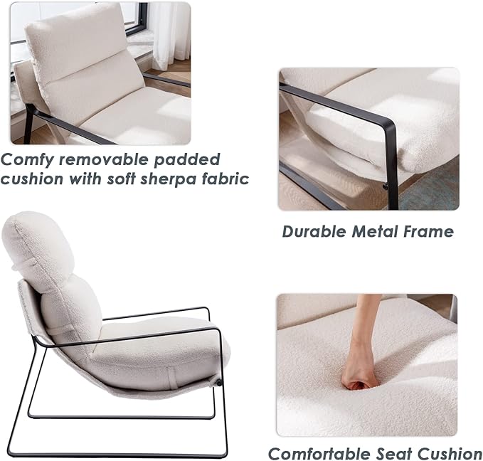 DUOMAY Modern White Sherpa Accent Chair Set of 2, Comfy Lounge Lazy Chair with Metal Leg, Mid-Century Corner Arm Chair for Living Room Bedroom Office Apartment
