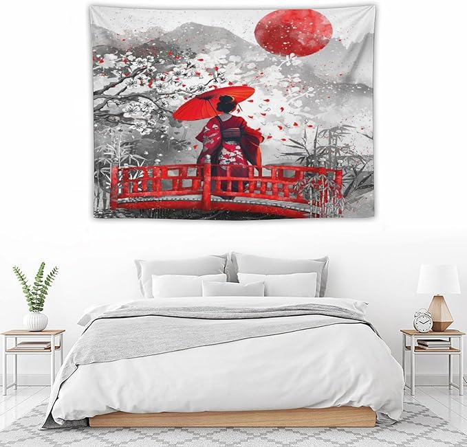 Japanese Red Geisha Tapestry Asian Cherry Blossom Red Sun Traditional Kimono Folk Tapestries Home Decor for Living Room Bedroom Apartment Farmhouse Dorm 40"x30"