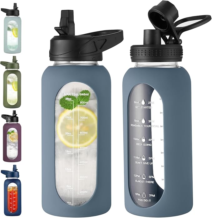 32 oz Glass Water Bottle with Straw and Handle, Sports Motivational Water Flask with Silicone Sleeve, Large Leakproof Water Flask Cup with Time Marker for Travel, Gym, Dark Blue