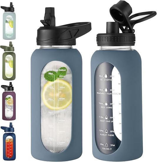 32 oz Glass Water Bottle with Straw and Handle, Sports Motivational Water Flask with Silicone Sleeve, Large Leakproof Water Flask Cup with Time Marker for Travel, Gym, Dark Blue