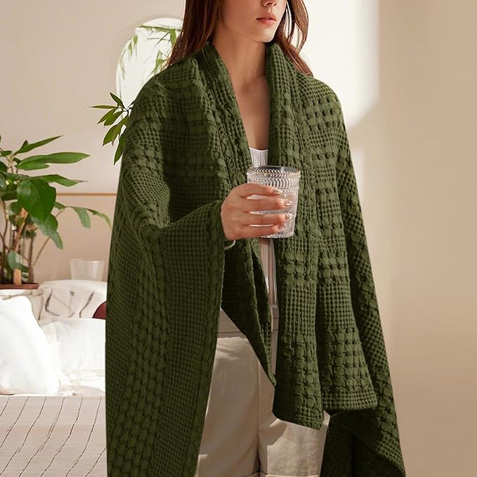 PHF 100% Cotton Waffle Weave Throw Blanket, Soft Lightweight Breathable Cozy Summer Throws for Couch Bed Sofa, Luxury Aesthetic Woven Blanket for Home Decor & Office, 50"x60", Capulet Olive