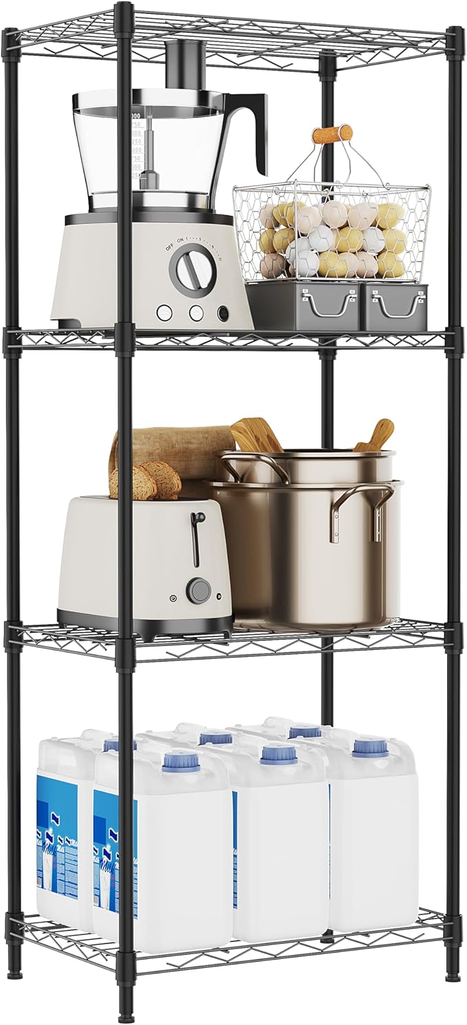 4 Tiers Shelf Metal Storage Shelves Wire Rack Closet Organizers with Wheel for Garage Kitchen Bathroom Laundry Black 11.8" D x 17.7" W x 41.9" H