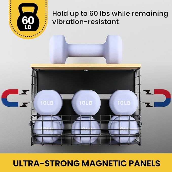 [WIDER Shelf]1 SET Strong Magnetic Shelf Basket for Fridge with Tag & Bamboo Top, XXL Large Magnetic Spice Rack Shelves for Side of Refrigerator, Kitchen Pantry Storage Organizer for Food Fruit Veg