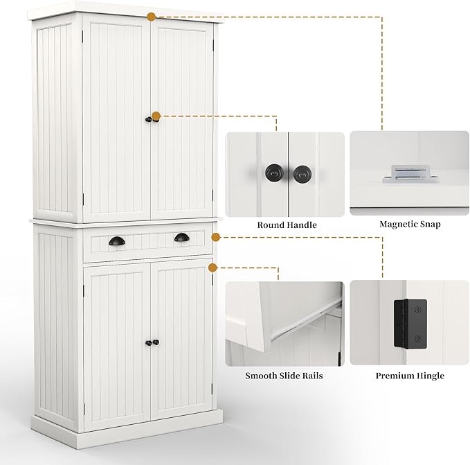 ARTPOWER 72" Tall Kitchen Pantry Storage Cabinet with Drawer and Adjustable Shelves, Pantry Cabinet for Kitchen, Bathroom or Hallway, White