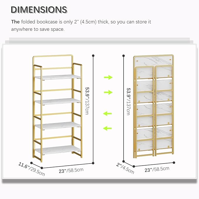 4NM No Assembly Foldable Bookshelf, 4-Shelf Collapsible Bookcase Storage for Small Spaces, 54" H, White and Golden