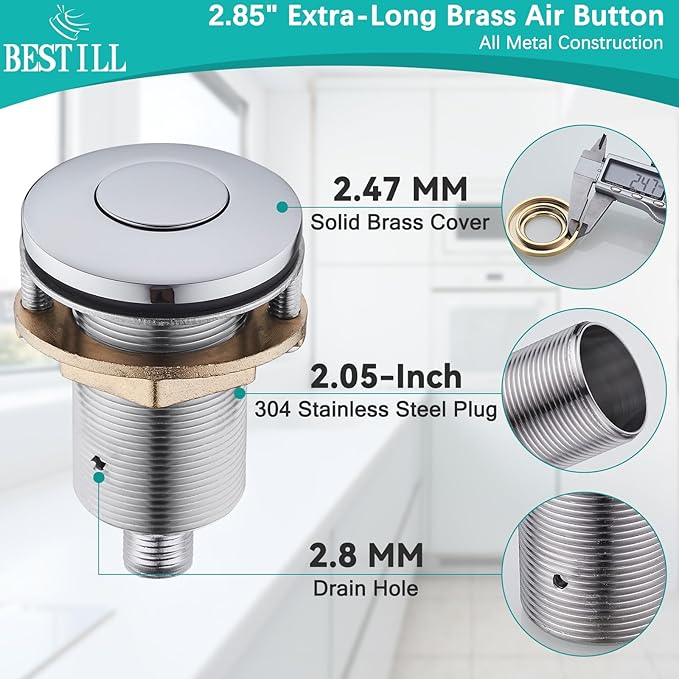 BESTILL Garbage Disposal Air Switch Kit - UL Listed, Brass 2.95" Short Sink Top On/Off Switch Button for Food Waste Disposer, Chrome, Compatible with all Garbage Disposals