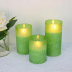 Green Flameless Candles with Remote, Glass LED Pillar Battery Operated Candles with Timer, Flickering Decorative Lights for Home Weddings Holidays Gift Set of 3