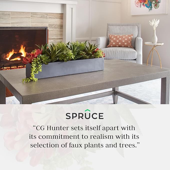 Oblong Faux Succulent Arrangement, Premium Artificial Indoor Plant Enhances Interior Design, Display on any Surface in Your Home Adding an Inviting Touch of Nature, Grey Planter Pot Included