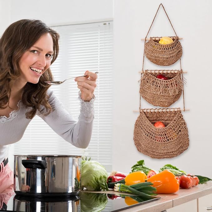 Hanging Fruit Baskets for Kitchen 3-Tier Handmade Bohemian Wall Baskets for Organizing & Decorating Living Room Bedroom Wall Hanging Basket for Onion Storage & Fruit Storage