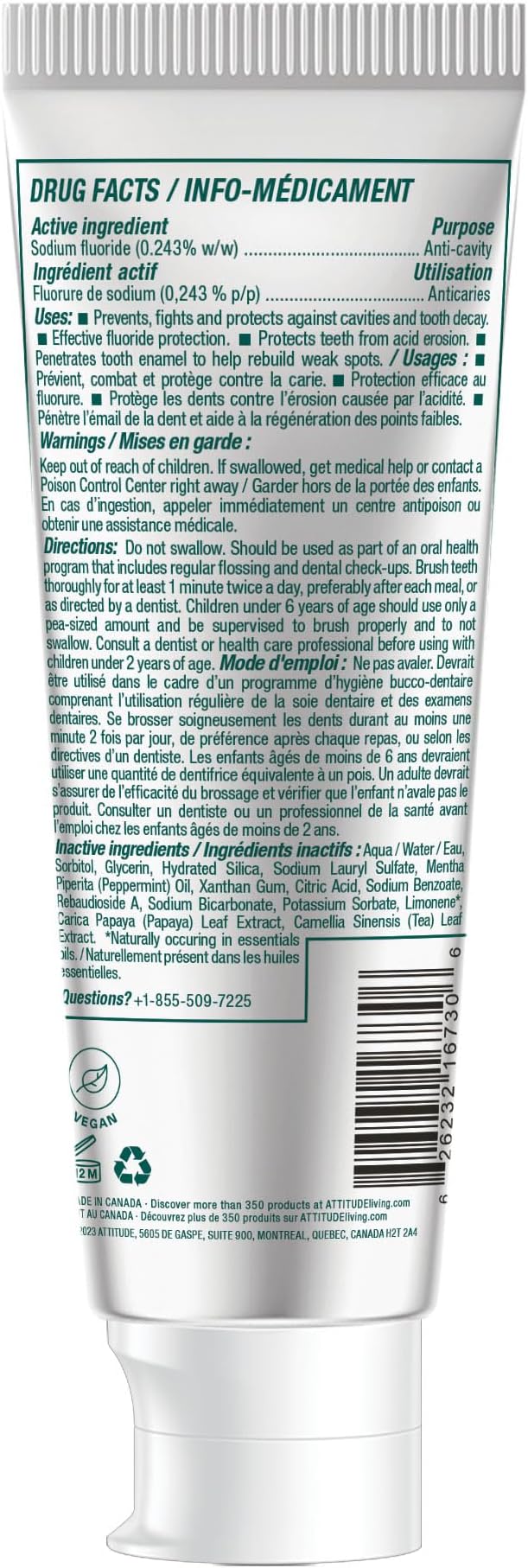 ATTITUDE Fresh Breath Toothpaste with Fluoride, Peppermint Flavor, Vegan & Cruelty-Free, Sugar-Free, Plant & Mineral-Based Ingredients, Clean Oral Care, 4.2 Oz
