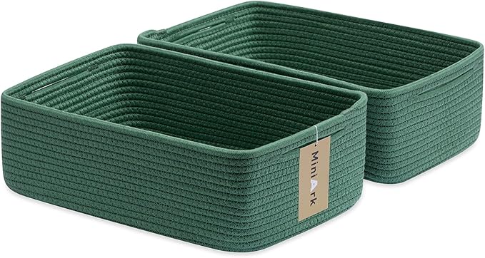 Large Shallow Organizing Baskets 15x11x5.1 Inches - Rope Woven Storage Bins for Bathroom, Shelves, Cube Closet, Green 2 Packs