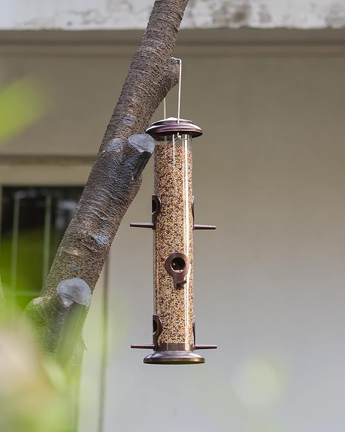 iBorn Metal Bird Feeder Hanging Wild Bird Seed Feeder for Mix Seed Blends Heavy Duty All Metal Coffee Finish,14 Inch 6 Port,Pack of 2