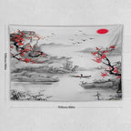 Cherry Blossoms Tapestry, Japanese Red Landscape Watercolor Abstract Art, Asian Japanese Wall Tapestry, Nature Landscape Tapestries for Bedroom Living Room Decor 60"x40"