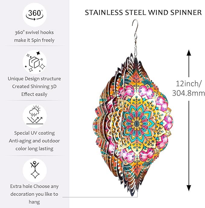 Wind Spinners Outdoor Mandala Lucky Star,Laser Cut Metal Kinetic Art Wind Spinner Gift for Christmas,12In Stainless Steel Hanging Yard&Garden 3D Wind Sculpture Decorations Indoor Spinners