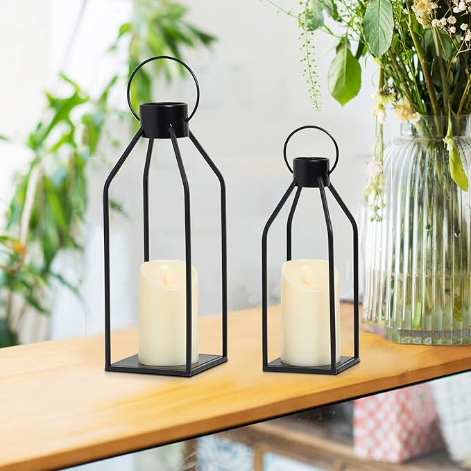 HPC Decor Modern Farmhouse Lanterrn Decor- Black Metal Candle for Summer Night- Lanterns w/Timer Flickering Candles for Living Room,Home,Indoor, Outdoor,Table,Fireplace Mantle Décor