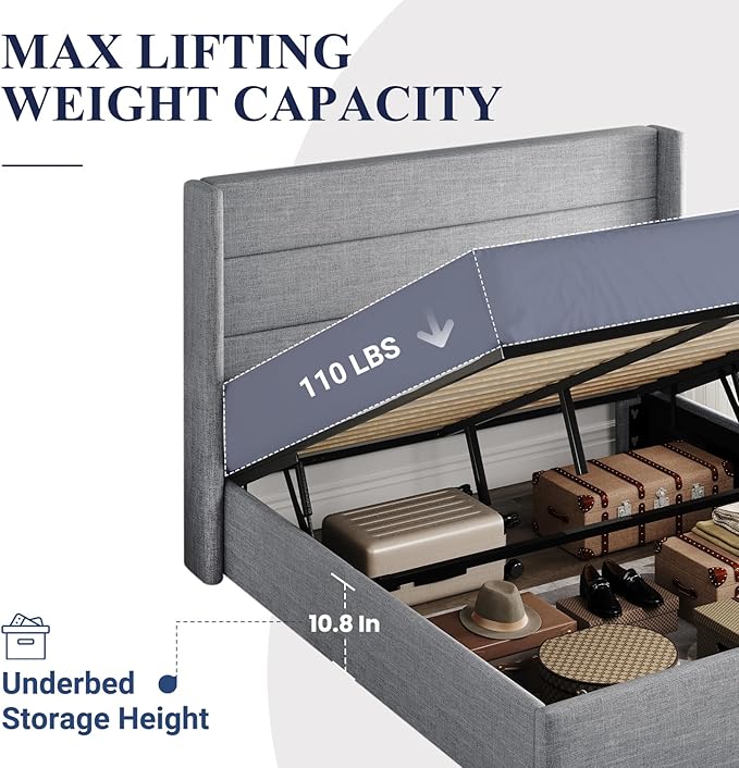 Allewie Full Size Lift Up Storage Bed, Modern Wingback Headboard, Hydraulic Support, No Box Spring Needed, Light Grey