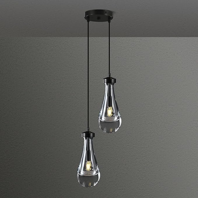 Black Raindrop Pendant Lights Kitchen Island, Bronze 2-Light Cluster Pendant Light for Dining Room, Dimmable Hanging Pendant Lighting Bedroom Light Fixture Ceiling Chandelier for Foyer