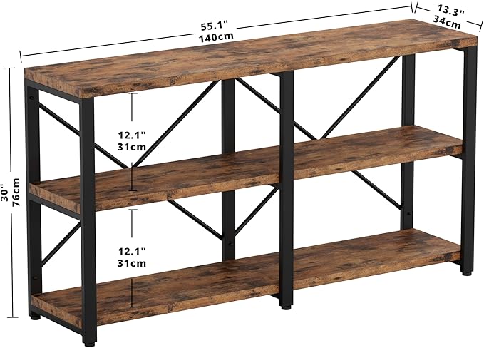 IRONCK Rustic Entryway Console Table, Long Hallway Table 55 in 3-Tier, TV Stand Entertainment Center Media Stand for Living Room, Industrial Style, Vintage Brown