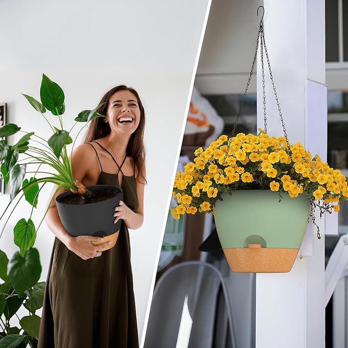 ZMTECH 12 Inch Hanging Planters for Indoor Outdoor Plants, 1 Pack Self Watering Hanging Plant Pots with Drainage Holes and Removable Saucer, Plastic Flower Hanging Pots with Watering Lip (Black)