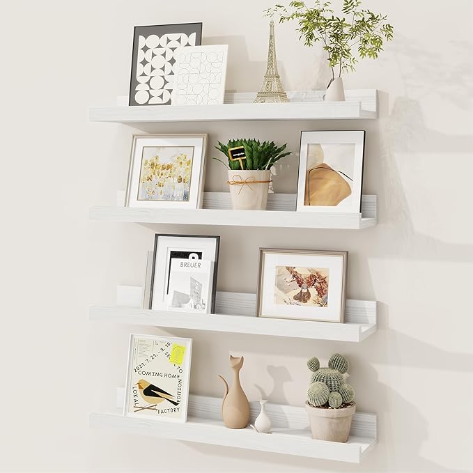 Picture Ledge Shelf, Solid Pine Wood Floating Shelves Set of 4, 16 Inches Nursery Book Shelves for Toys Storage, Kids Bookshelf Wall Mounted for Living Room Decor Photo Frames, White