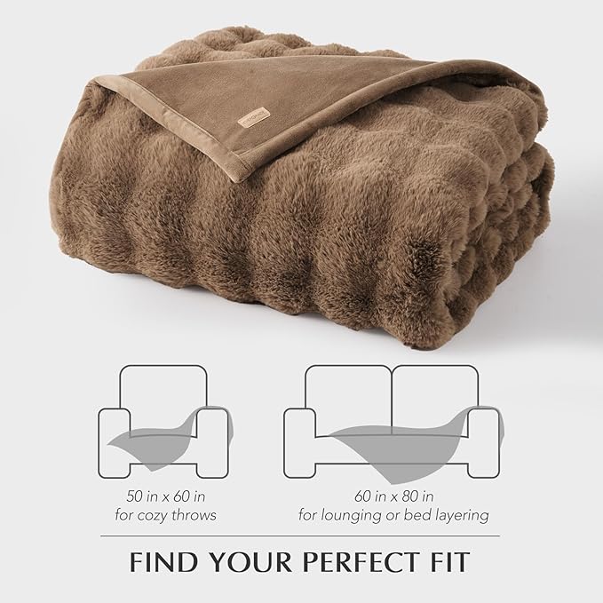 EVERGRACE Ultra Soft Luxury Fluffy Faux Rabbit Fur Throw Blanket, Thick Warm Fuzzy Blankets for Bed, Cozy Plush Reversible Blanket for Couch, Chair, Sofa, Natural Tan, 50x60 Inches, 870 GSM