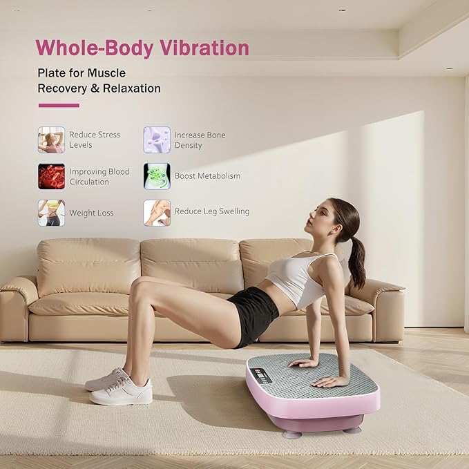Vibration Plate Exercise Machine, Ultra-Quiet Vibration Plate for Lymphatic Drainage & Body Toning, Whole Body Vibration Platform with Bluetooth, Resistance Bands, Home Gyms Equipment