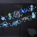 52 Pcs Ocean Fish Wall Decals Glow in The Dark Under The Sea Wall Decals Sea Animals Stickers Removable Waterproof Peel and Stick for Kids Bathroom Watercolor Ocean Decor(Funny Style)