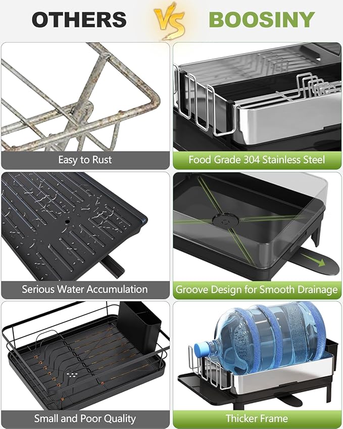 BOOSINY Stainless Steel Dish Drying Rack, Dish Racks for Kitchen Counter, Rust Proof Dish Drainer and Drainboard Set, Small Dryer with Drainage, Utensil Holder and Cup Holder